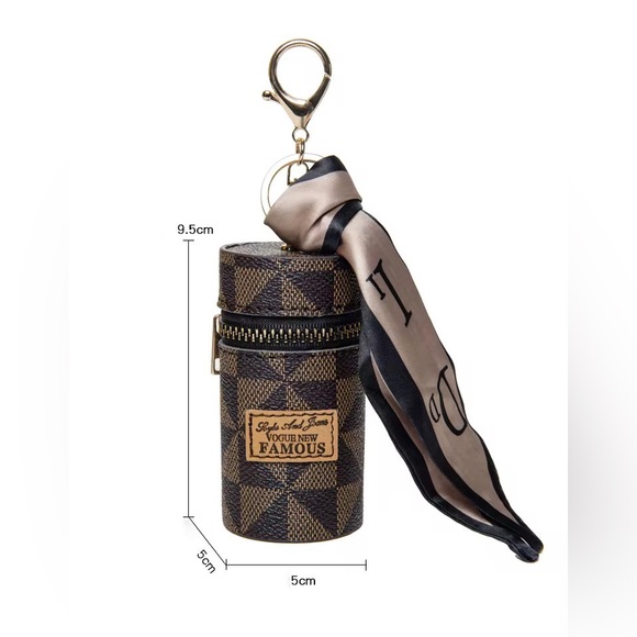 Accessories - Luxury Inspired Lipstick Holder Keychain Mini Cosmetic Case Brown Checkered